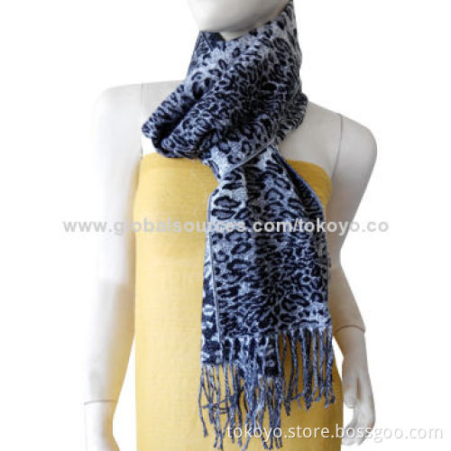Acrylic scarf with leopard screen printing and tassels, environment-friendly, measures 180*70+8cm